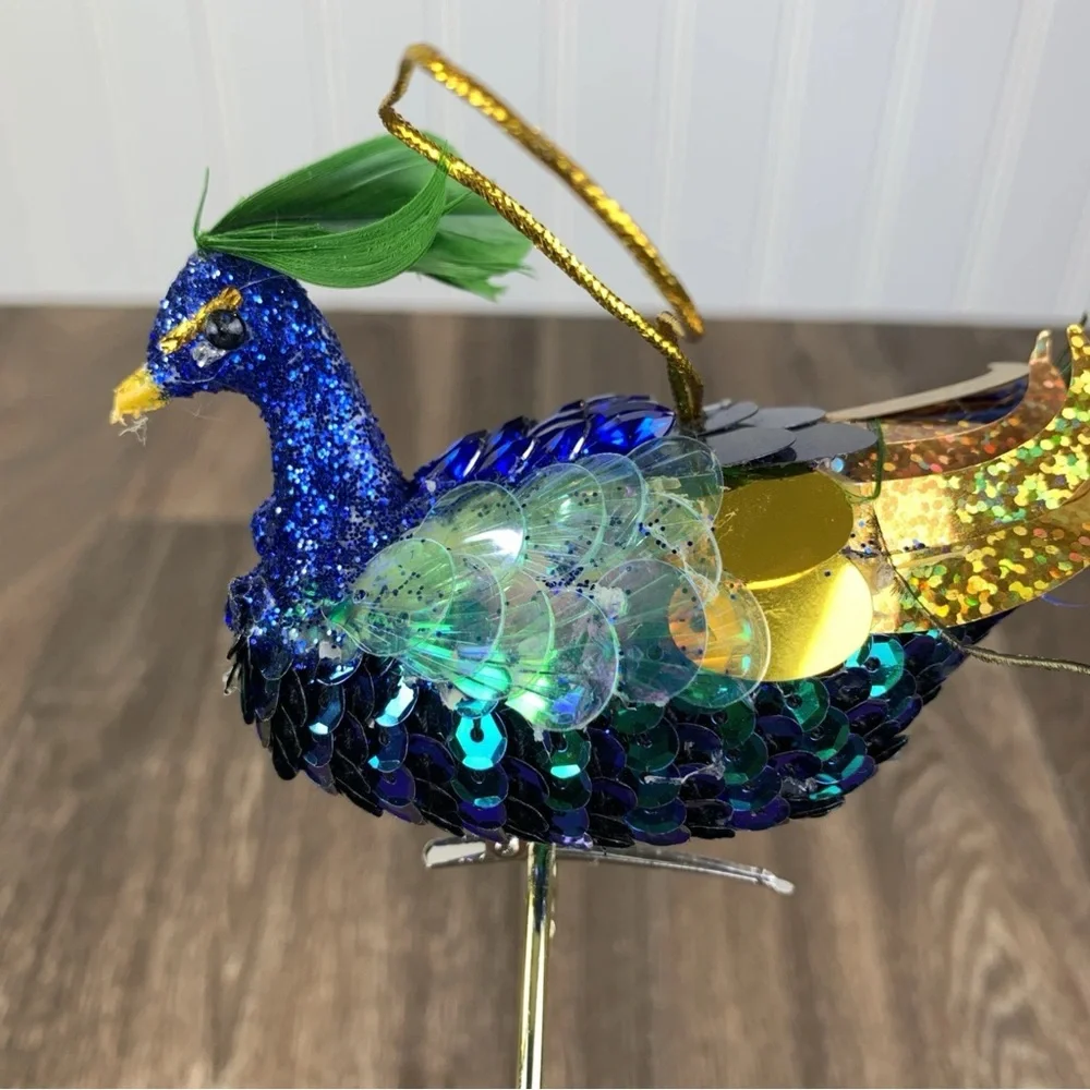 Peacock Blue Green Clip-on or Hanging Ornament with Feather Christmas 11